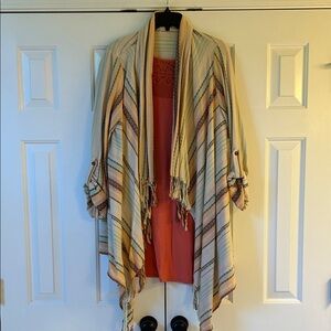 Buckle Multicolor Striped Cardigan with Salmon Orange Top